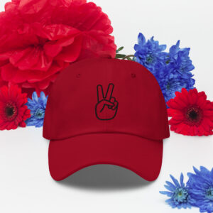 Dad hat with black peace sign & BOLD FONT for ‘I’ll Holla!’ on the back